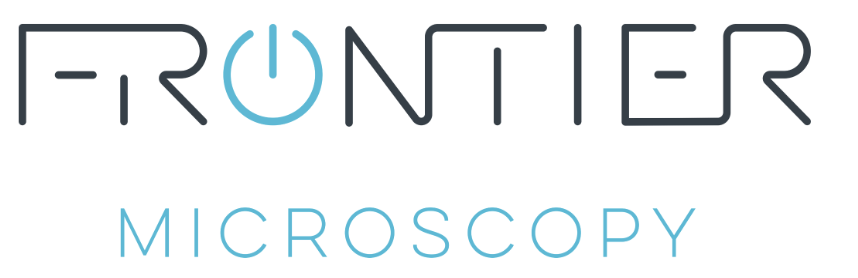 Logo with the text 'FRONTIER' and a power button symbol replacing the 'I', followed by the word 'MICROSCOPY' in light blue.