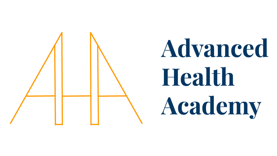 Logo for Advanced Health Academy with stylized orange 'AHA' letters and the full name written in blue.