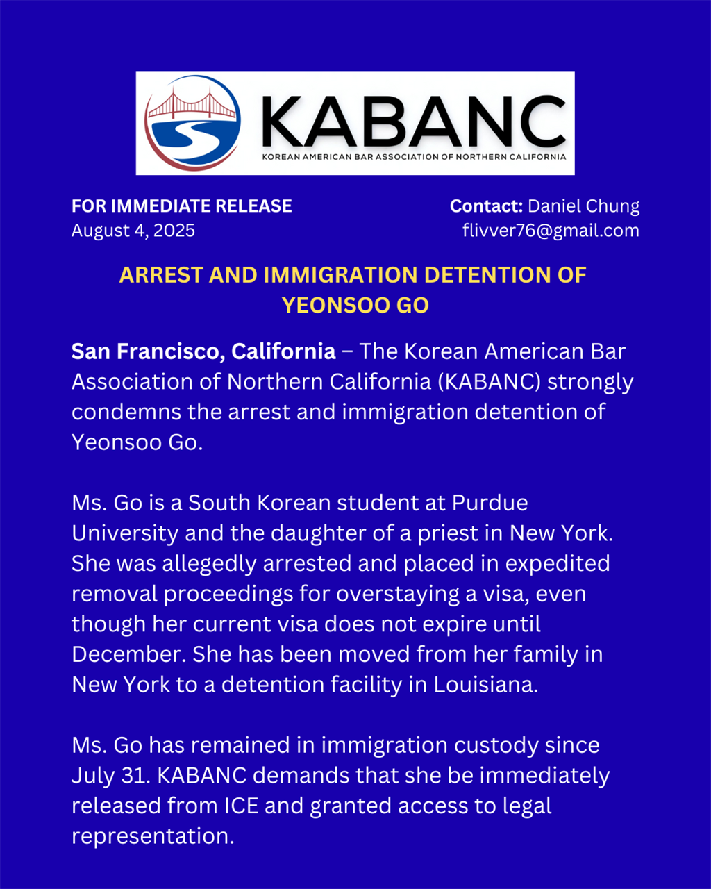 KABANC Statement Regarding the Arrest and Immigration Detention of Yeonsoo Go