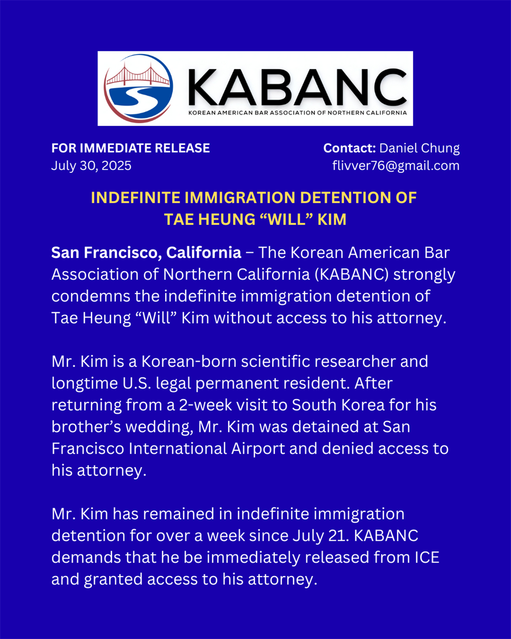 KABANC Statement Regarding the Indefinite Detention of Tae Heung "Will" Kim