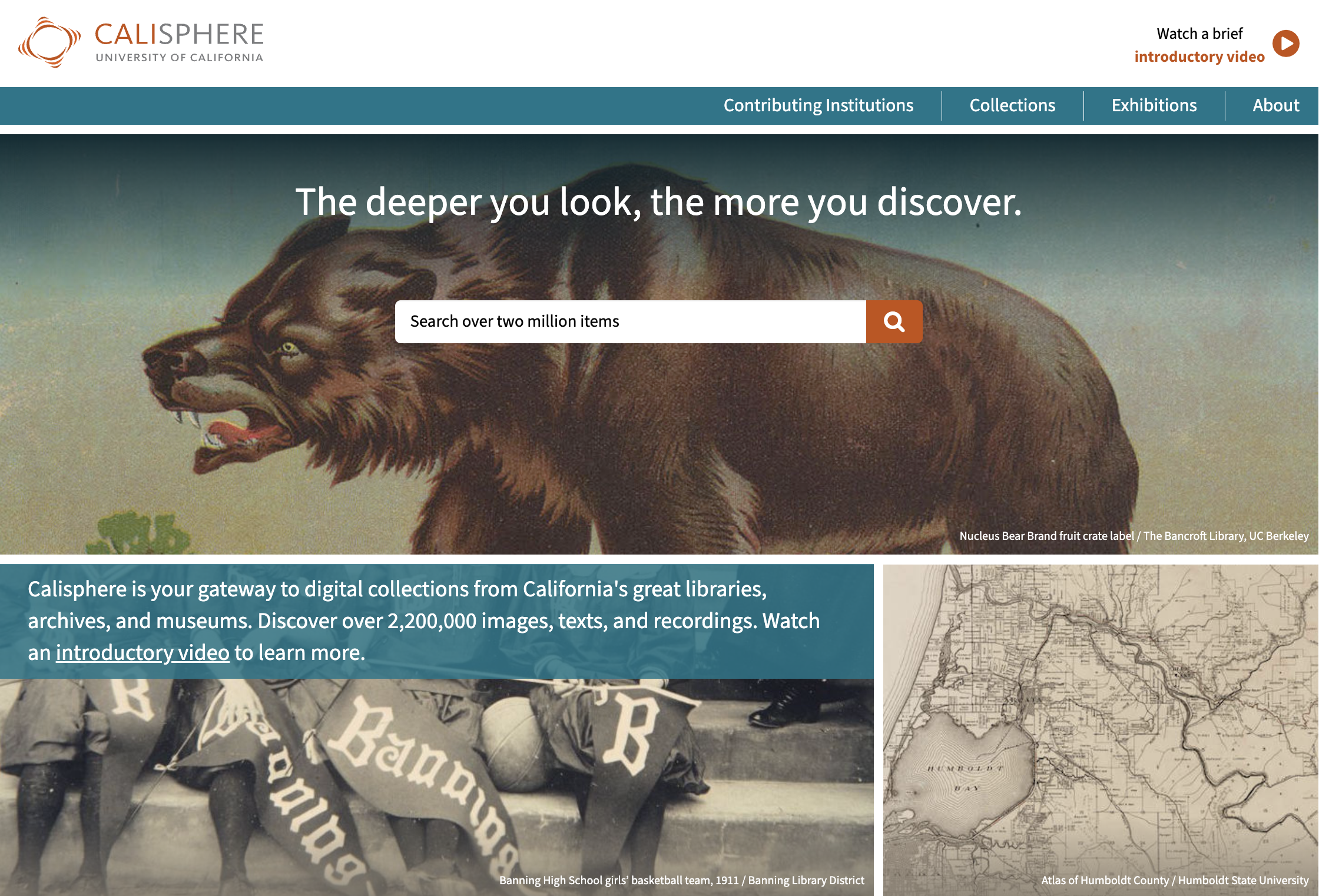The homepage of Calisphere featuring a large historical image of a girls' basketball team from 1911, with players wearing uniforms with 'B' on them, standing in a line with their coach, and a historic map of Humboldt County in the background.