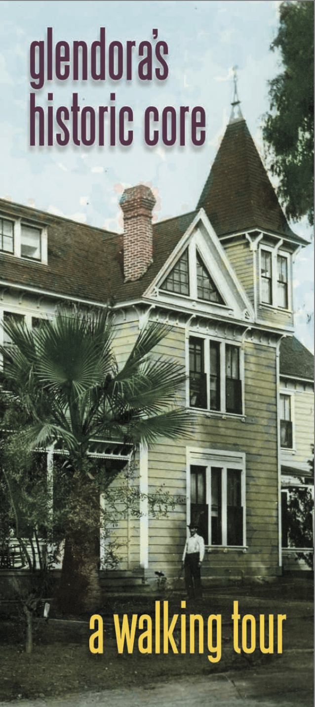 The former Bellevue Hotel, a Victorian-style building, with a tall turret, a large palm tree in front, and a person standing outside. Text overlays read 'Glendoras historic core' at the top and 'a walking tour' at the bottom.