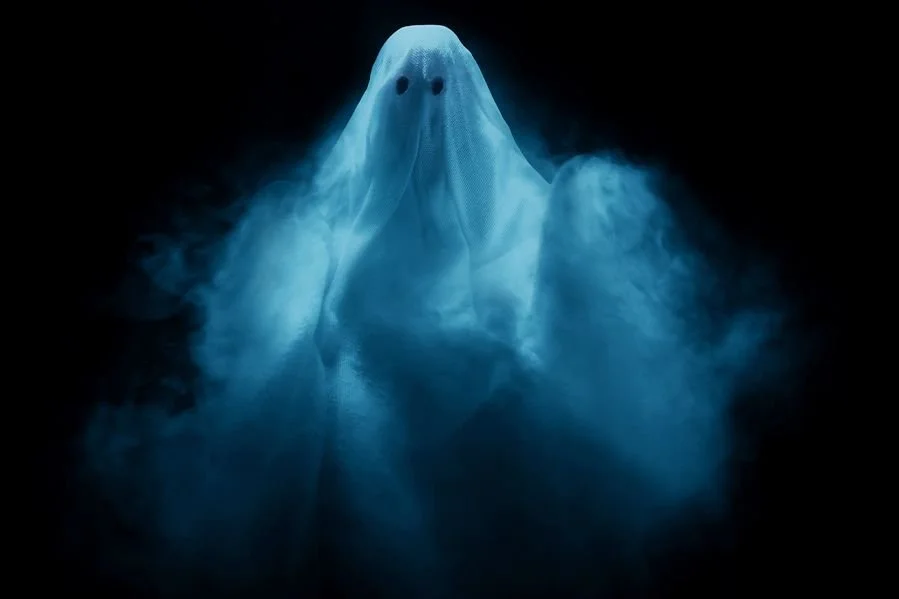 A ghostly figure covered with a white sheet and two eye holes, illuminated by blue light with fog surrounding it, creating a spooky atmosphere.