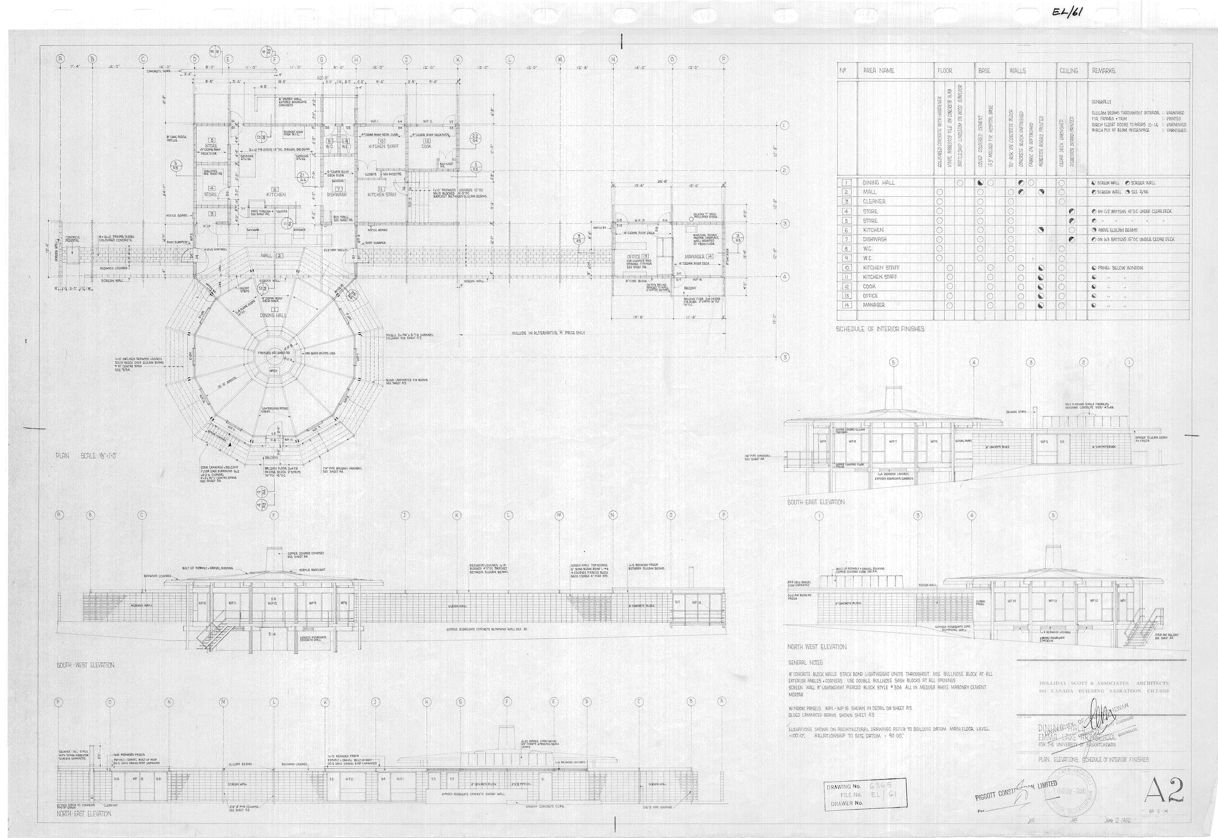Construction drawings of the Dining Hall at Emma Lake Kenderdine Campus.