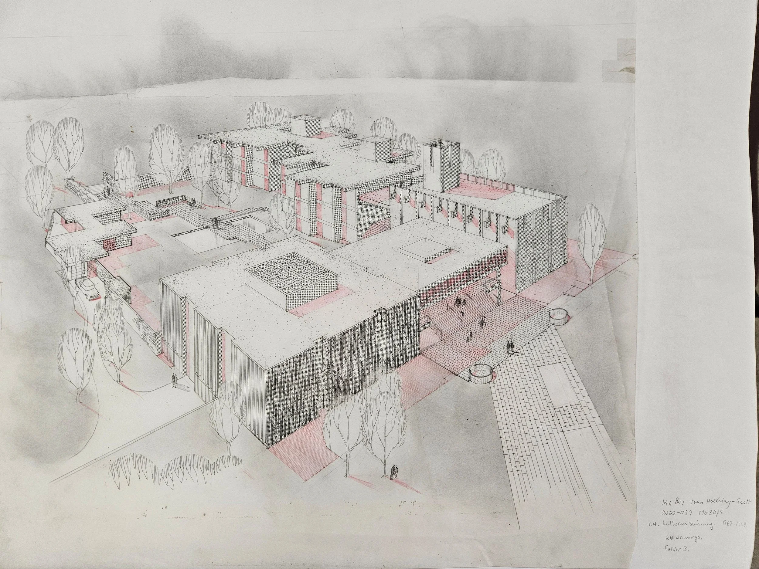 Hand sketch rendering of The Lutheran Seminary buildings.
