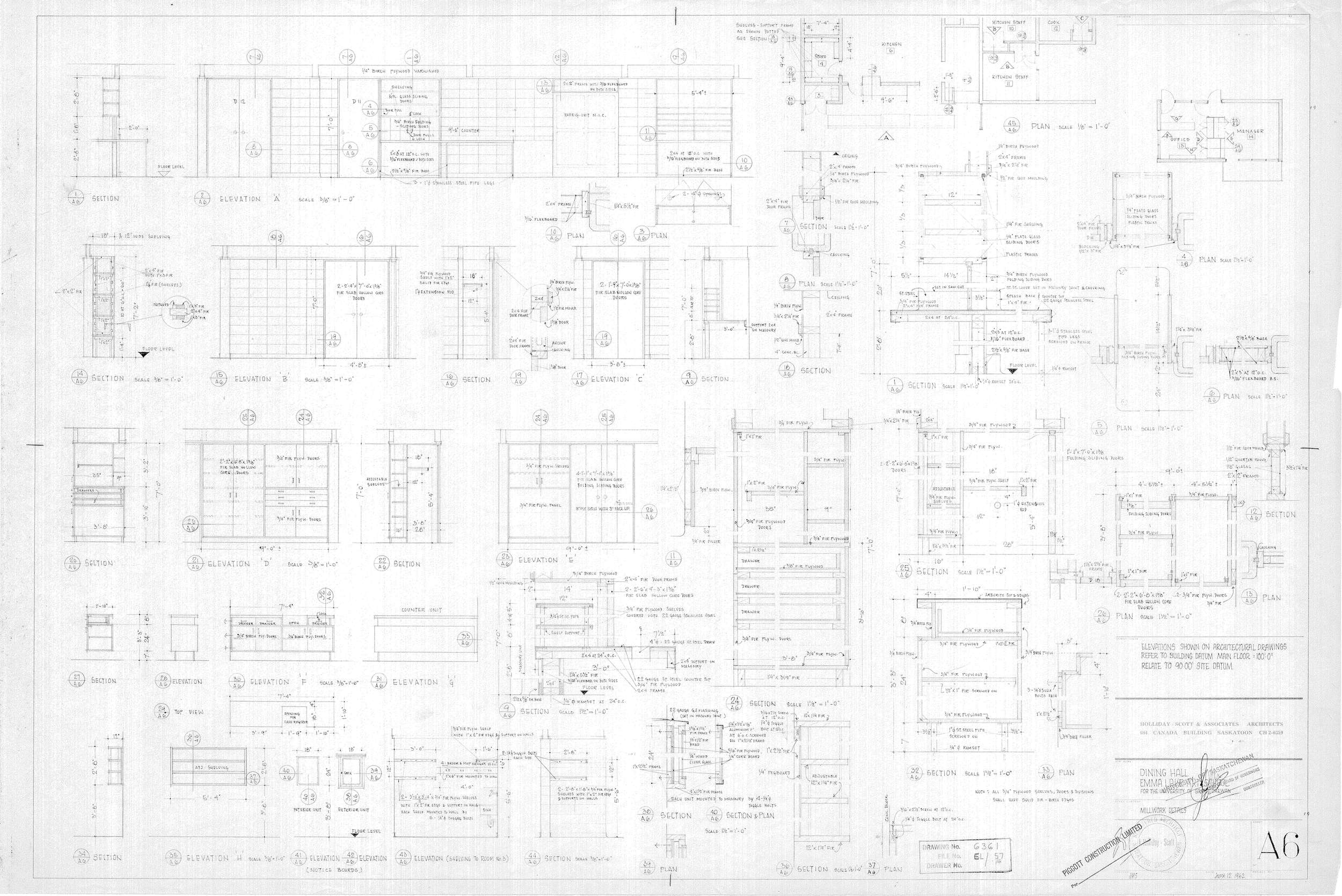 Construction drawings of the Dining Hall at Emma Lake Kenderdine Campus.