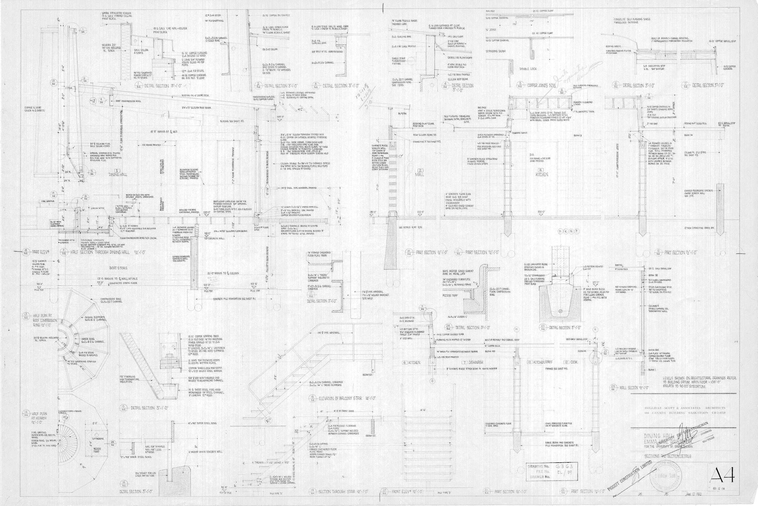 Construction drawings of the Dining Hall at Emma Lake Kenderdine Campus.