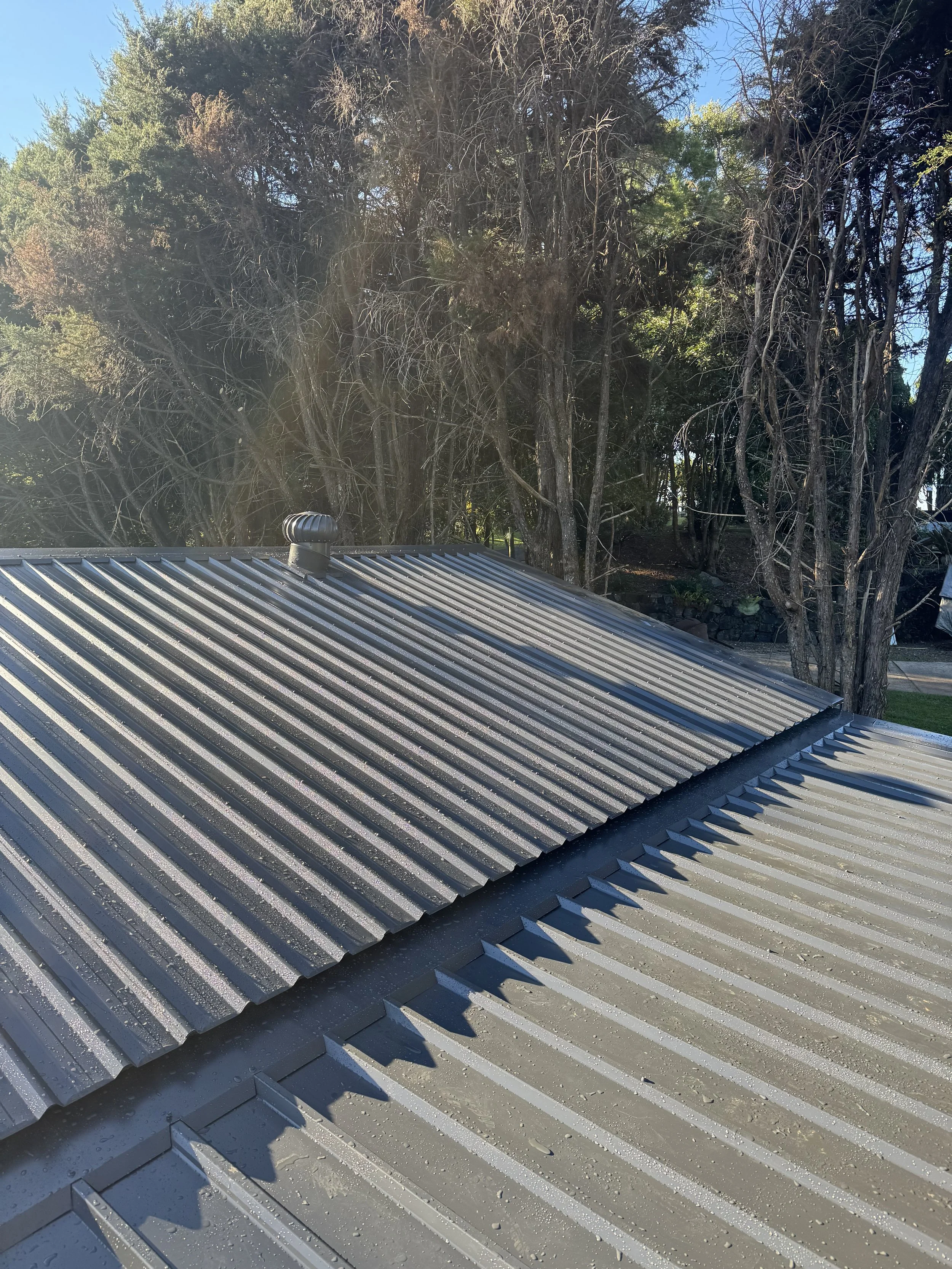 A metal roof with a vent pipe, showing sunlight and trees in the background.