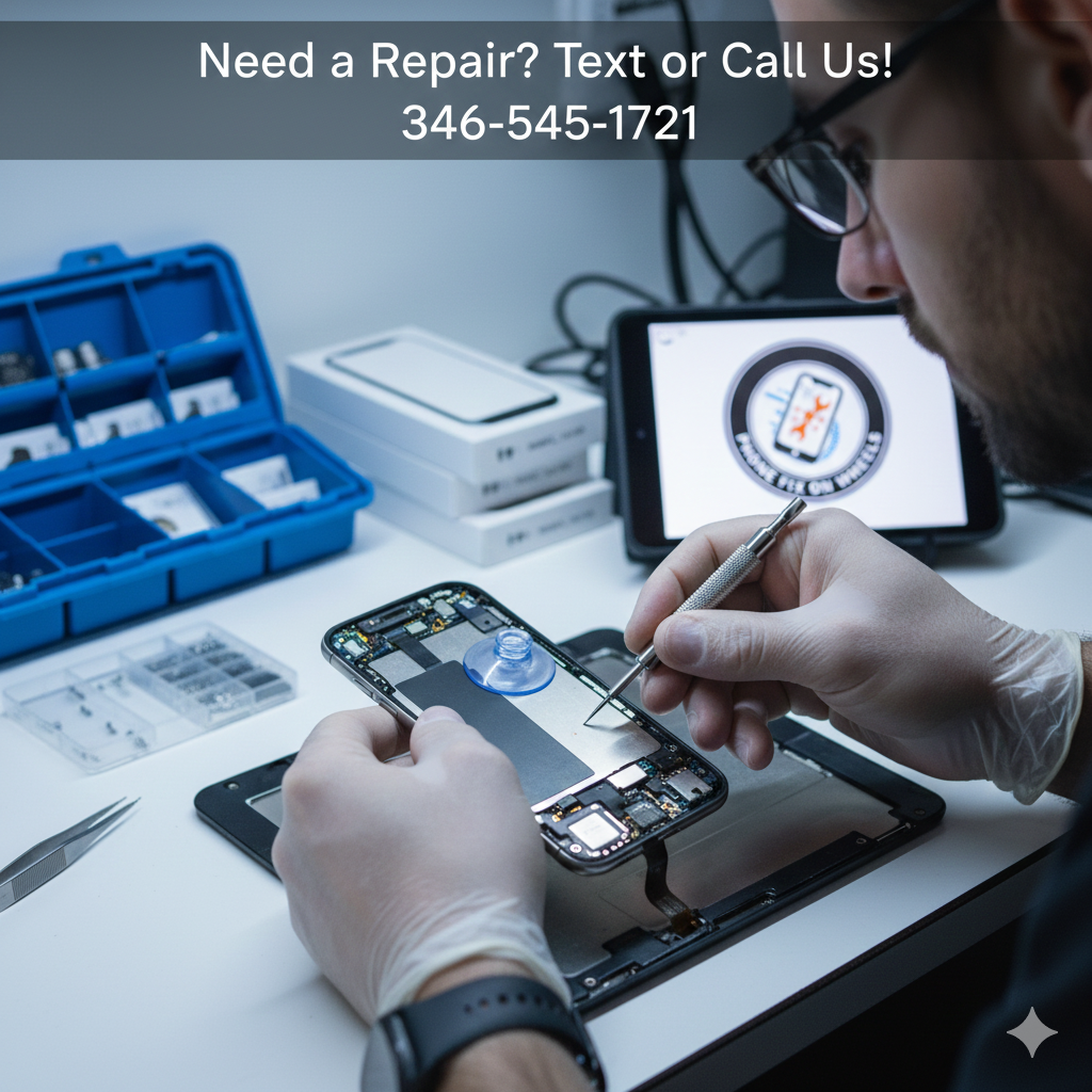 A technician repairs a smartphone, with tools and electronic equipment on a workbench, a blue parts container, and a workplace logo on a monitor in the background.