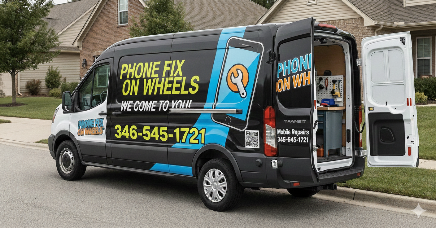 A black service van labeled "Phone Fix on Wheels" with the slogan "We Come To You" and a phone number 346-545-1721. The van is parked on a residential street with a house and trees in the background. The rear doors of the van are open, showing repair tools inside.