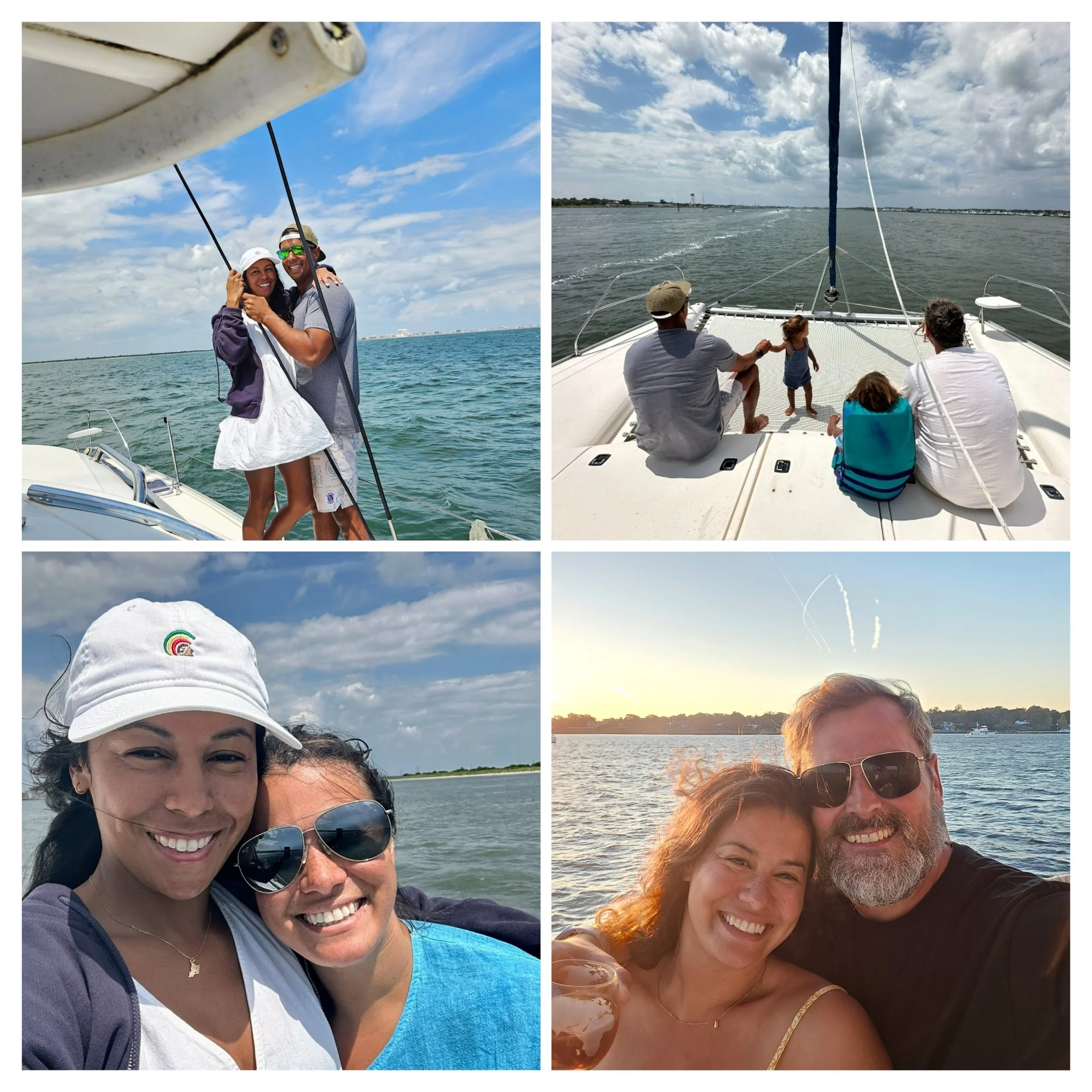 Collage of four photos taken on a boat trip with a couple and their family. Top left: The couple smiling and embracing on the boat deck. Top right: The family sitting on the boat with two adults, a child, and a toddler enjoying the water view. Bottom left: Two women taking a close-up selfie with water in the background. Bottom right: The couple smiling at sunset near the water, with fireworks in the sky.