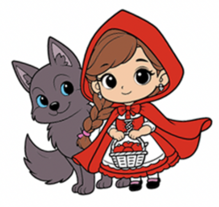 Cartoon girl dressed as Little Red Riding Hood with a basket, standing next to a gray wolf with blue eyes.