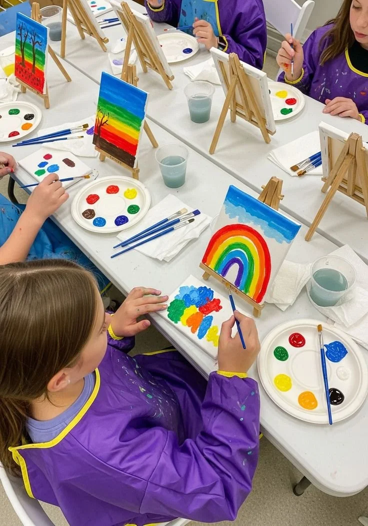 Children painting colorful rainbow, tree, and landscape scenes on small canvases during an art class.
