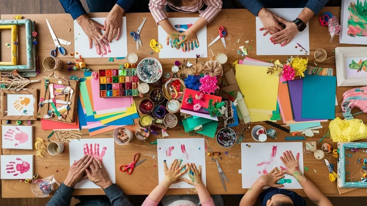 People engaging in arts and crafts at a table filled with colorful paper, scissors, paints, and decorations, with children's handprints on paper.