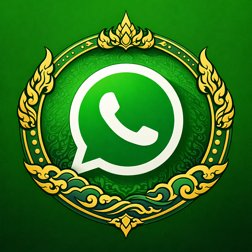 Decorative emblem featuring the WhatsApp logo at the center, surrounded by an ornate gold and green border with Asian-inspired design elements.