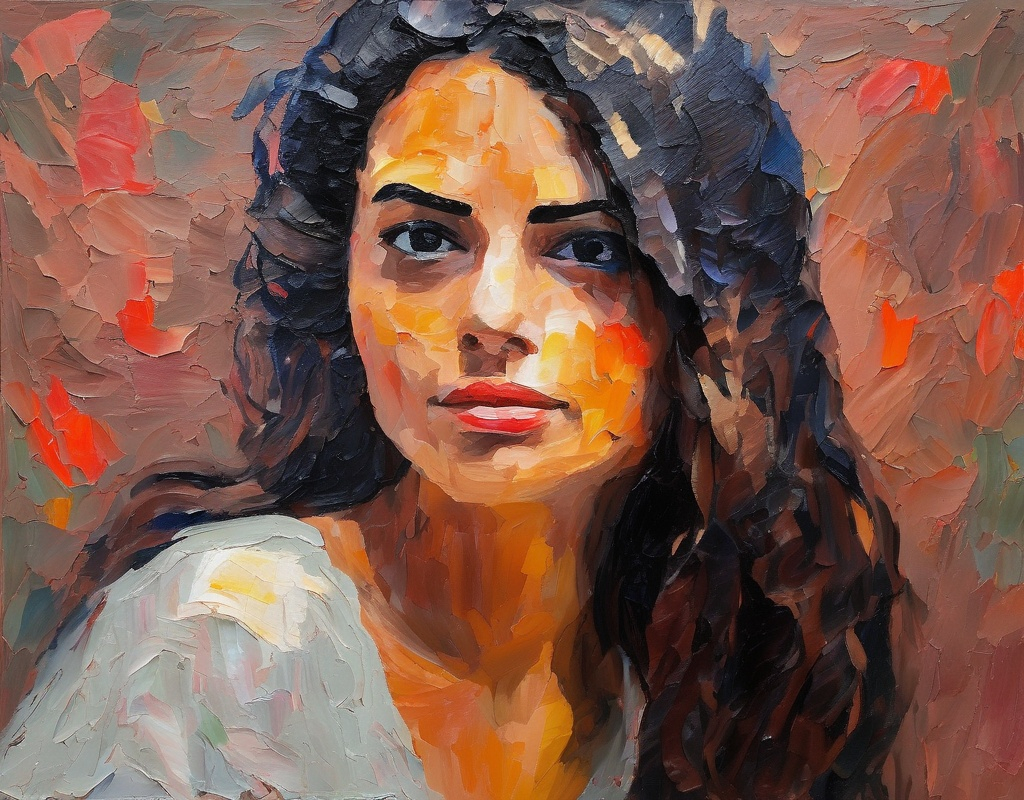 Painted portrait of a woman with long dark hair, wearing a light-colored top, against a warm, textured background.