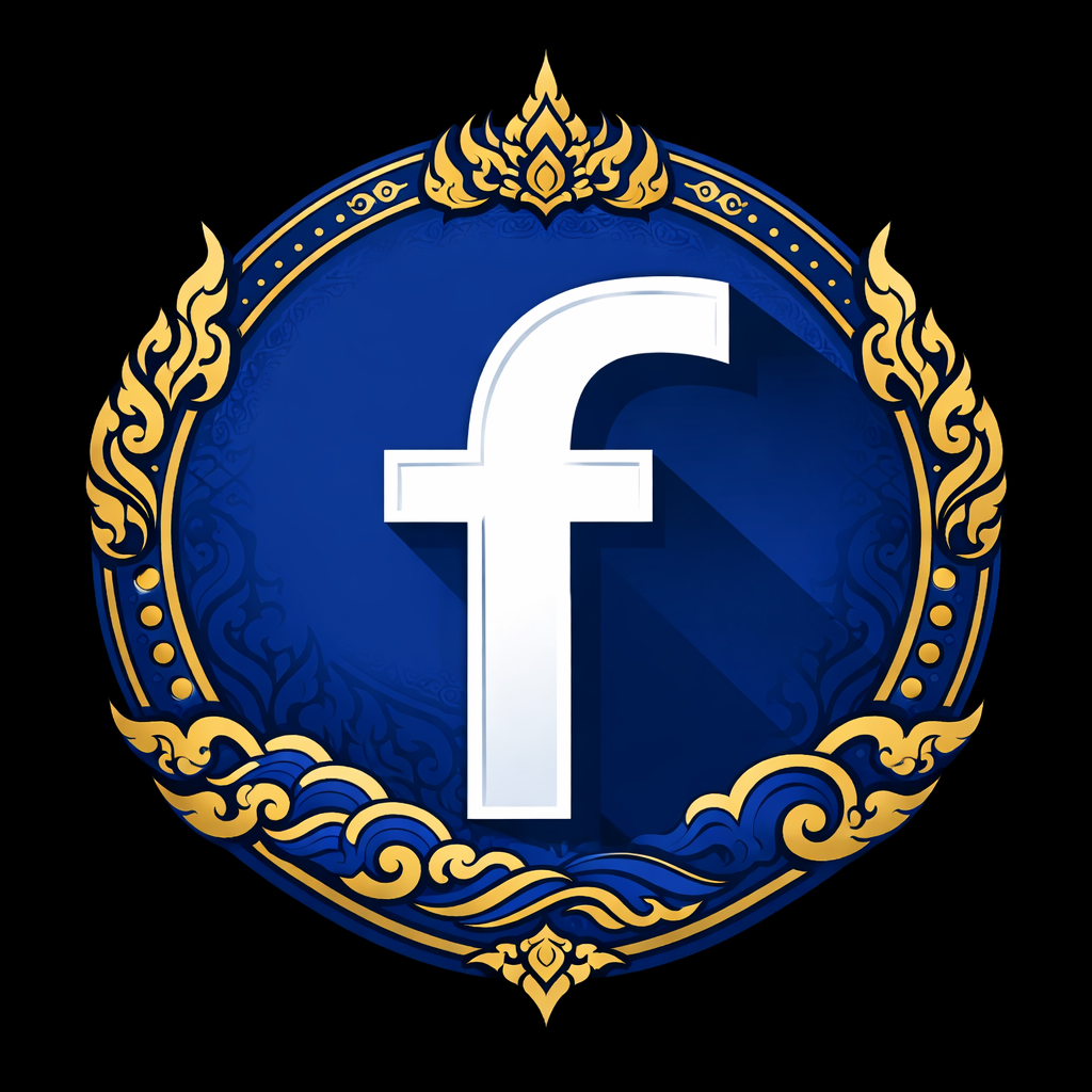 Facebook logo in a decorative blue and gold ornate frame against a black background.