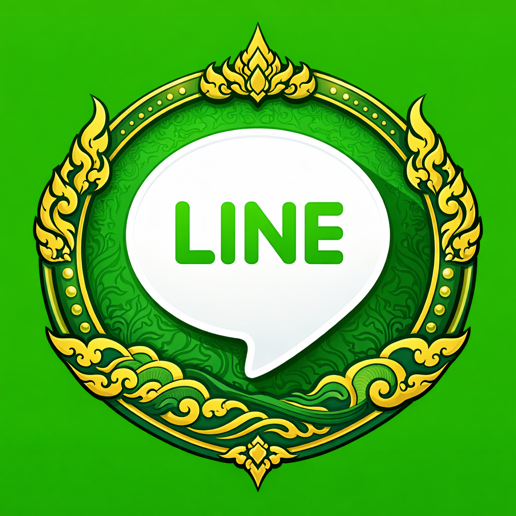 A decorative emblem with intricate gold details and green accents surrounds the white speech bubble containing the word 'LINE' in green text. The background is a solid bright green.