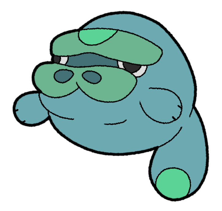 Manat, the blubbering pre-evolution of a stronger creature. Inspired by Pokemon and a manatee. (2023)