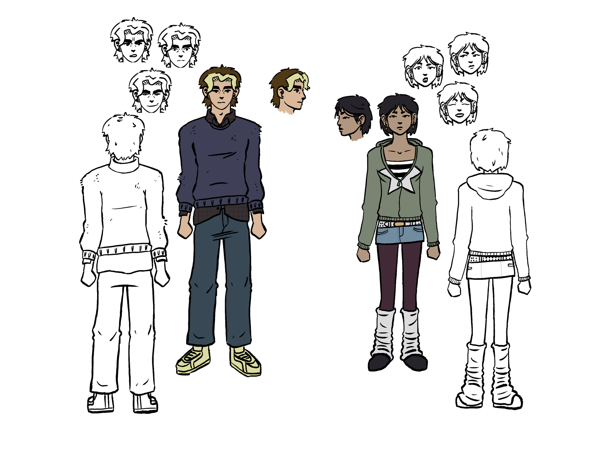'Ward' (left) and Evelynn Sato, characters from my comic 'Pocket Change'. Inspired by mid-late 2000's fashion. (2025)