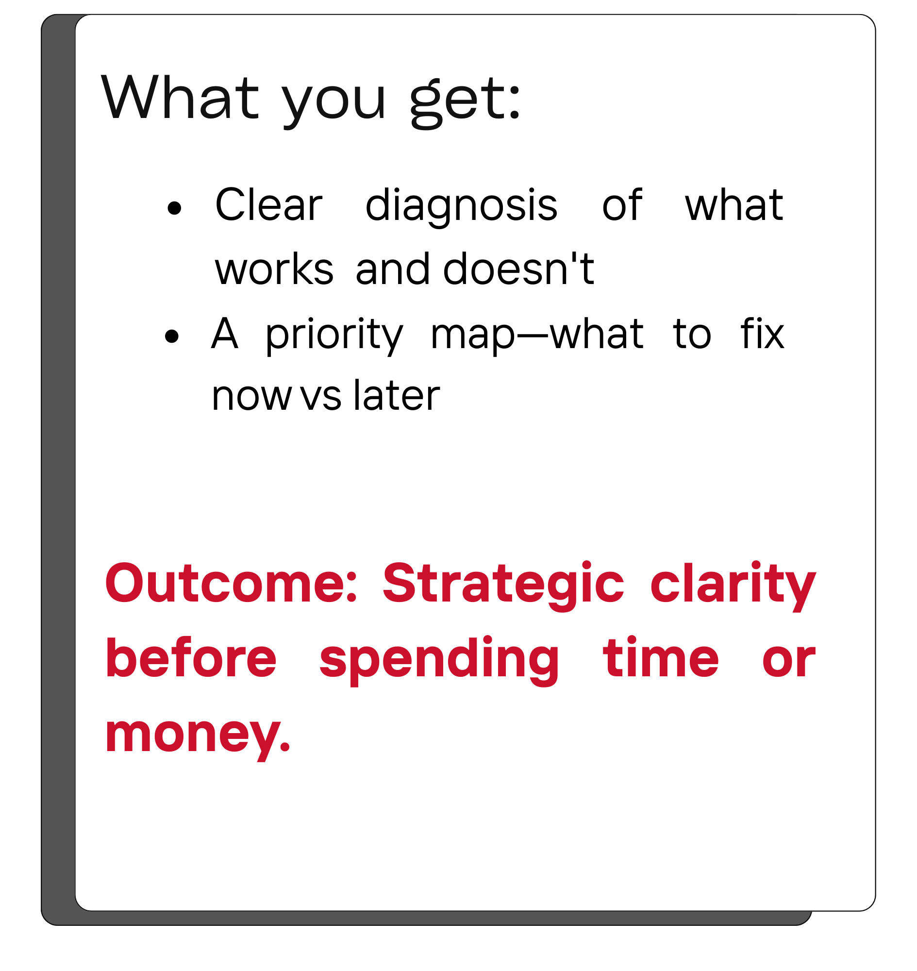 Strategic diagnosis and prioritization framework that gives business owners clarity before investing time or money in marketing, sales, or operations.