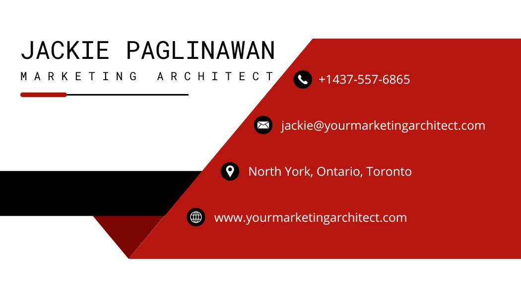 Business card of Jackie Paglinawan, Marketing Architect, offering strategic marketing, sales, and AI-powered business systems for startups and growing companies in Toronto, Canada.