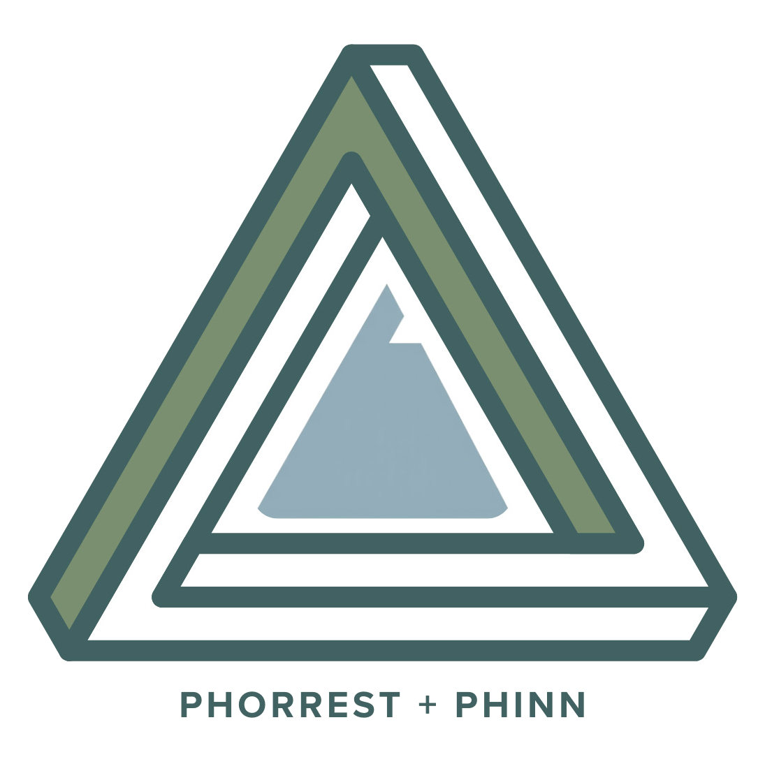 A stylized triangle logo with layered green, white, and light blue triangles, and the text 'PHORRES + PHINN' beneath.