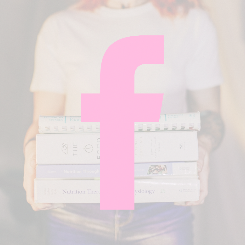 A person holding a stack of books with a large pink Facebook logo overlayed in front.