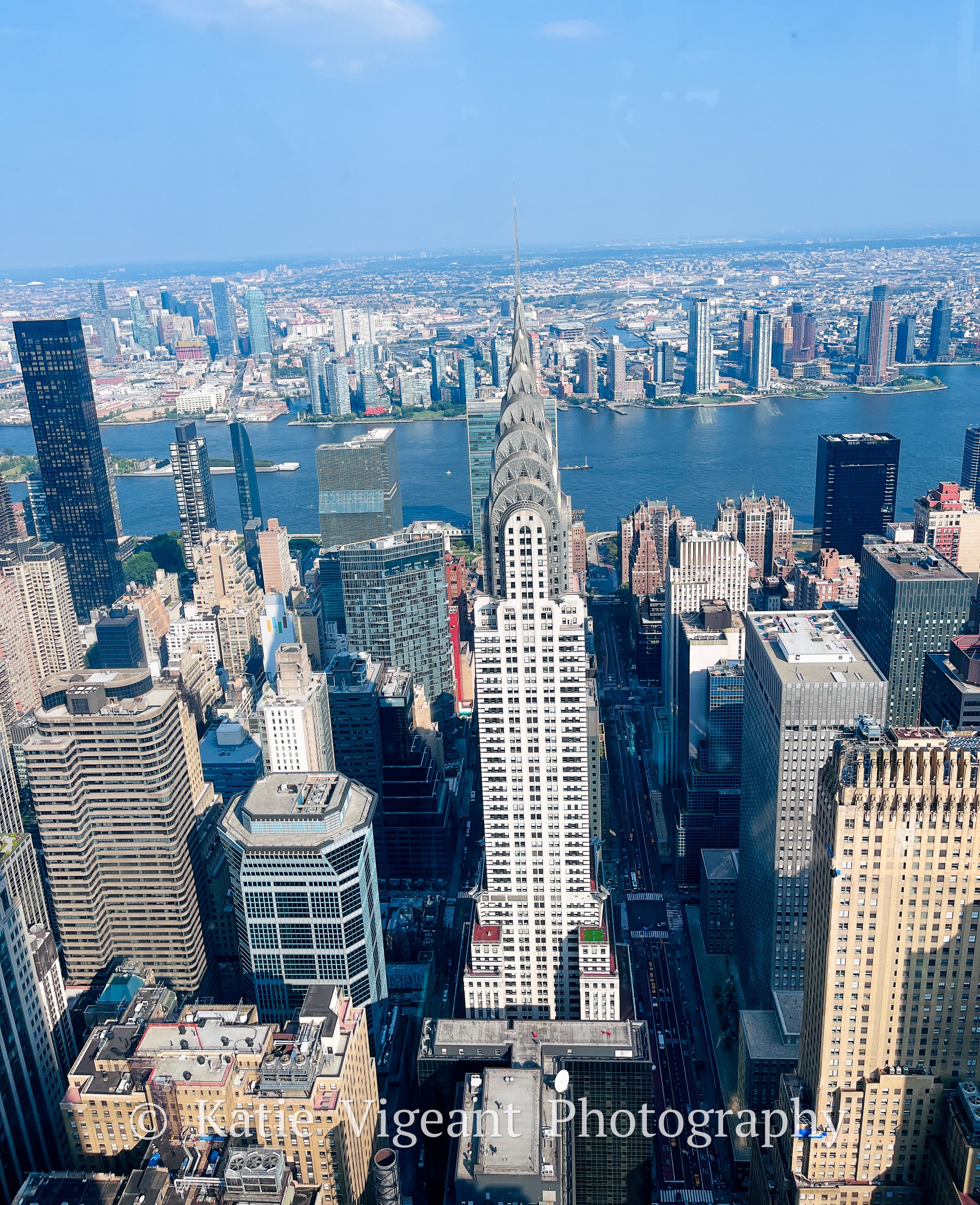 Aerial view of Midtown Manhattan with the Chrysler Building and the East River in New York City.