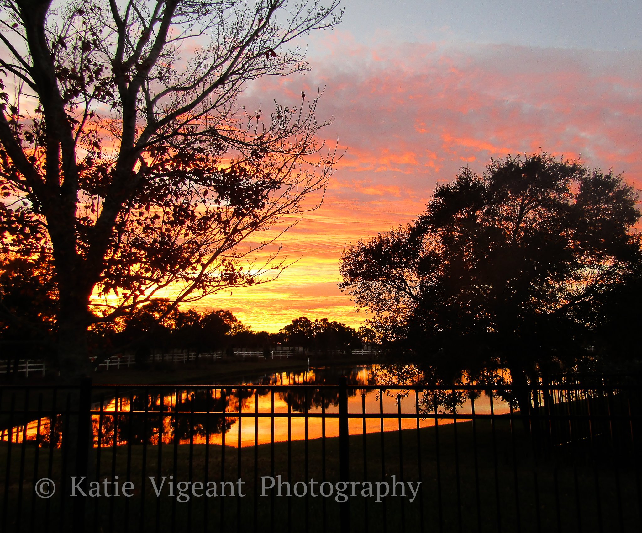 Sunset over a pond with trees and a fence in the foreground, colorful sky with pink, orange, and purple clouds.