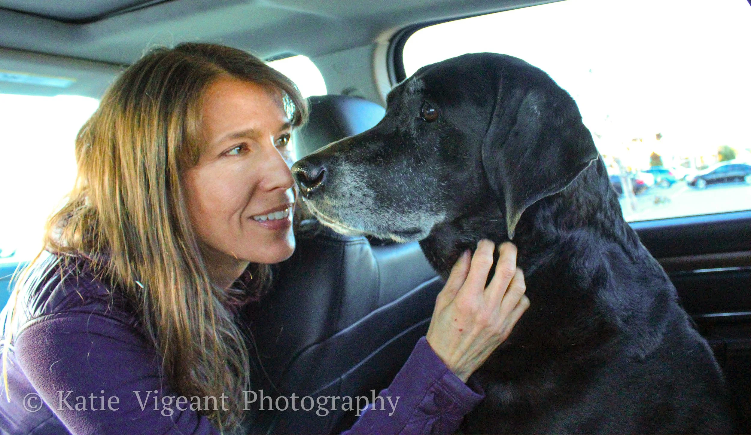A woman with brown hair smiles while touching the neck of a large black hound inside a vehicle.