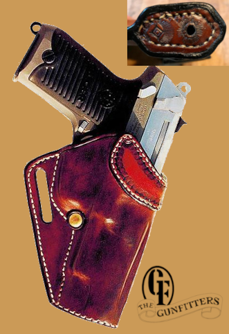 A semi-automatic handgun in a leather holster with the logo 'The Gunfitters' at the bottom and a decorative top view of the gun's muzzle plug.