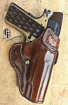 1911, Avenger style, two tone, matching top band and welt tooling, body shield, half trailing slot.