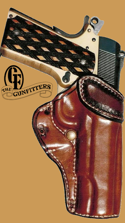 Avenger style, two-tone with tooled top band and welt accents, 1-1/2"  trailing slot, tension screw, box sewn muzzle plug made for a SA 1911.