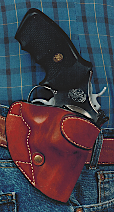 A S&W 3" .44 magnum revolver in a brown leather holster attached to a person's belt, with part of their blue plaid shirt and jeans visible.