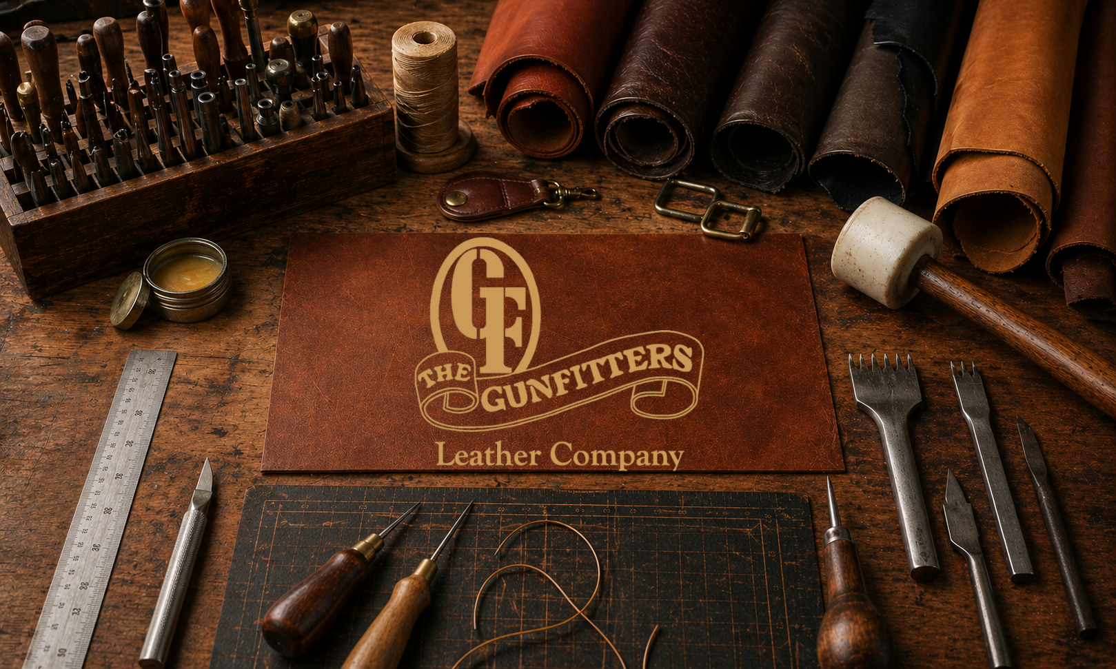 A leatherworking workshop with various tools, leather rolls, a logo mat for The GUNFITTERS Leather Company, and small containers with wax or glue.