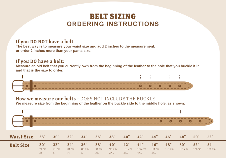 A guide for measuring and ordering belt sizes, including instructions for those without a belt and those with an existing belt, with illustrations of belts and measurement instructions.