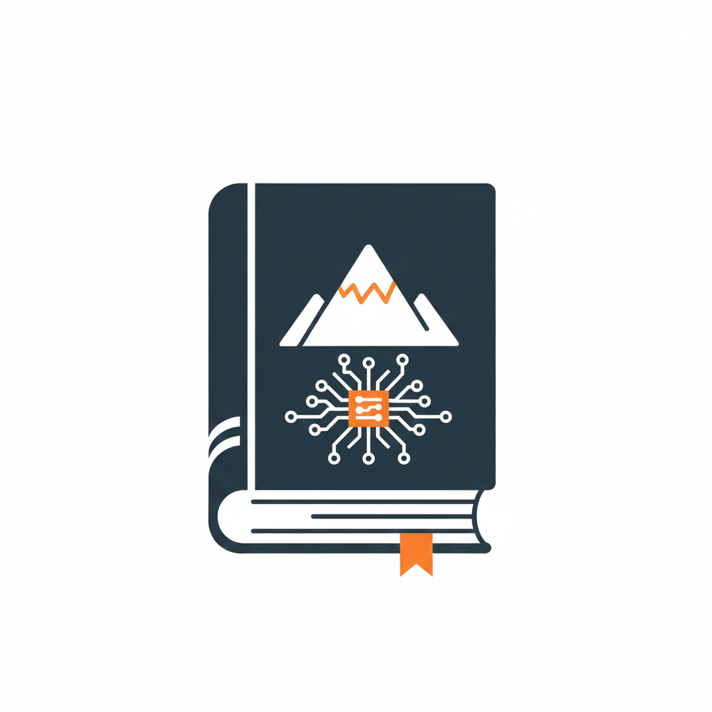 A book with a mountain, a waveform, and a microchip symbol on the cover.