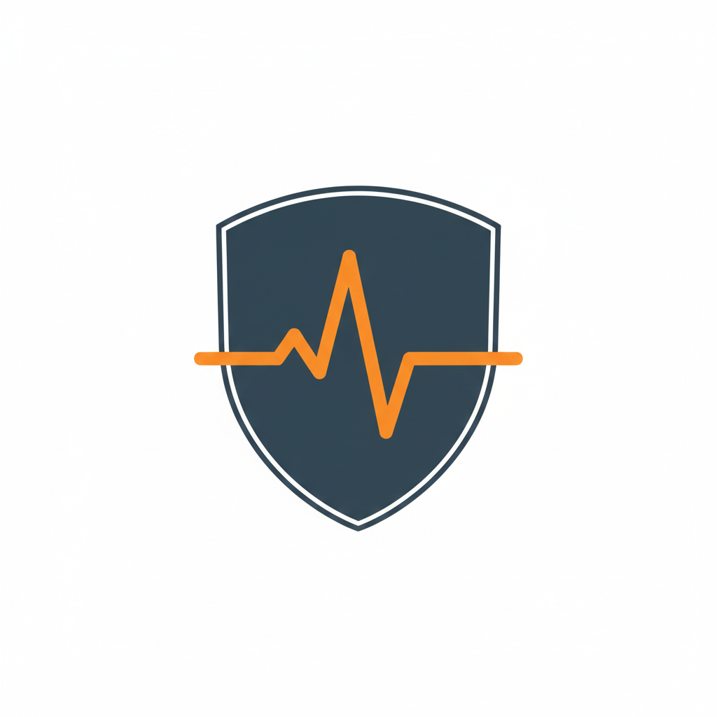 A shield with a line graph resembling a heartbeat or electrocardiogram pattern in orange.