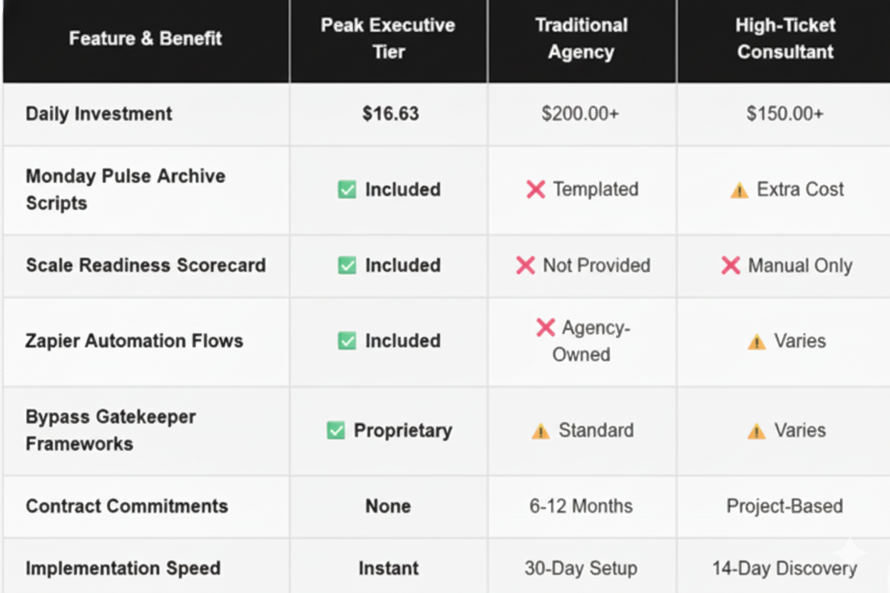 Comparison chart displaying features and benefits of Different agency tiers, including daily investment, Monday Pulse Archive Scripts, Scale Readiness Scorecard, Zapier Automation Flows, Bypass Gatekeeper Frameworks, Contract Commitments, and Implementation Speed.