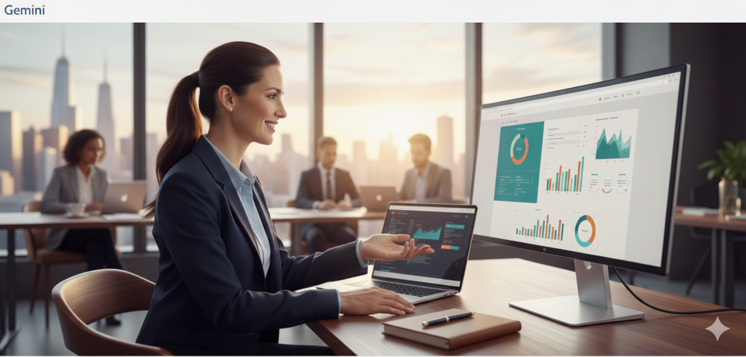 Businesswoman presenting data on multiple screens during a meeting in an office with city skyline view.