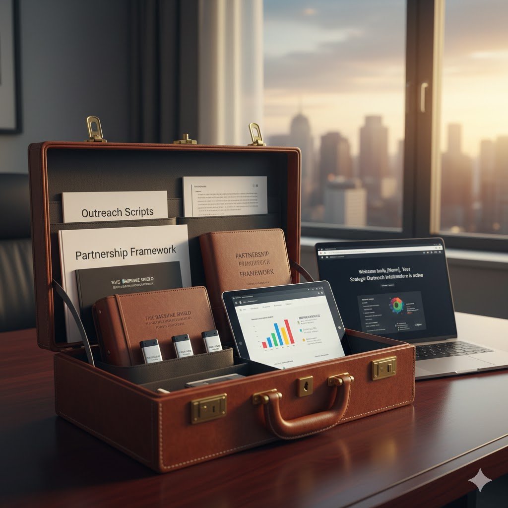 Office setup with a brown briefcase open on a desk, containing documents titled 'Outreach Scripts' and 'Partnership Framework,' a tablet displaying charts, and a laptop showing a dashboard, with a city skyline and sunset visible through the window in the background.