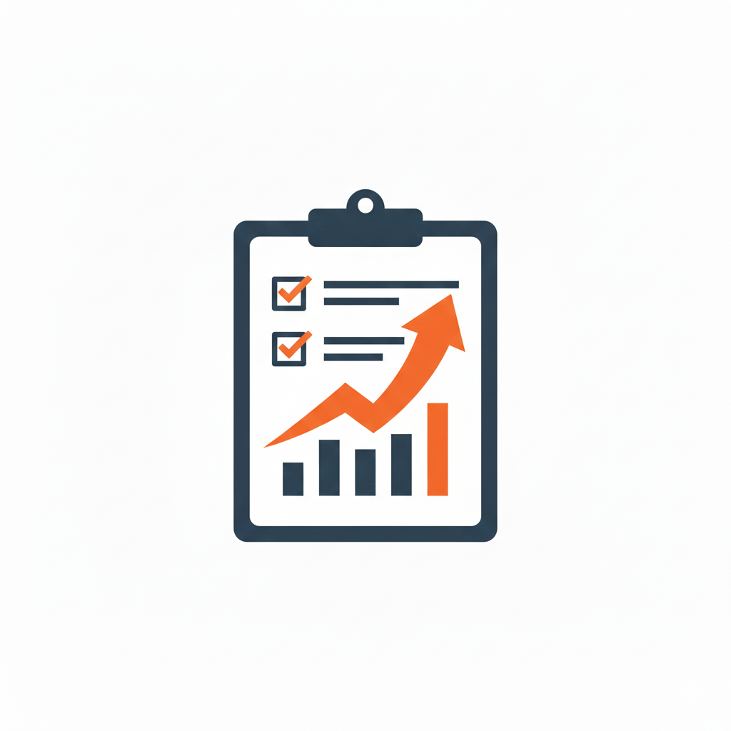 A clipboard with a rising arrow, bar graph, and checkmarks indicating progress or growth.