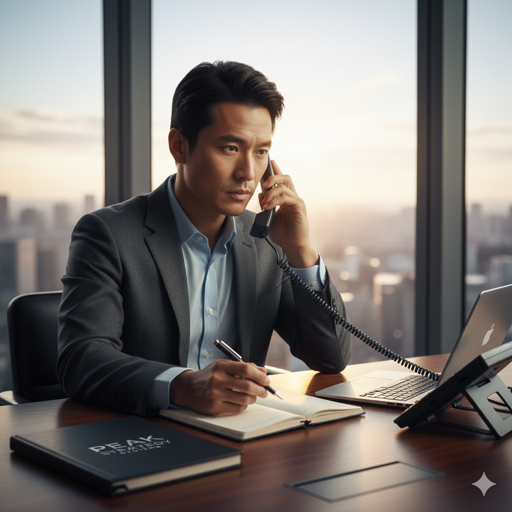 A businessman in a suit sitting at a desk, talking on the phone, with a notebook, laptop, and a closed book titled 'PEAK PERFORMANCE' in front of him, in an office with large windows showing a city skyline at sunset.