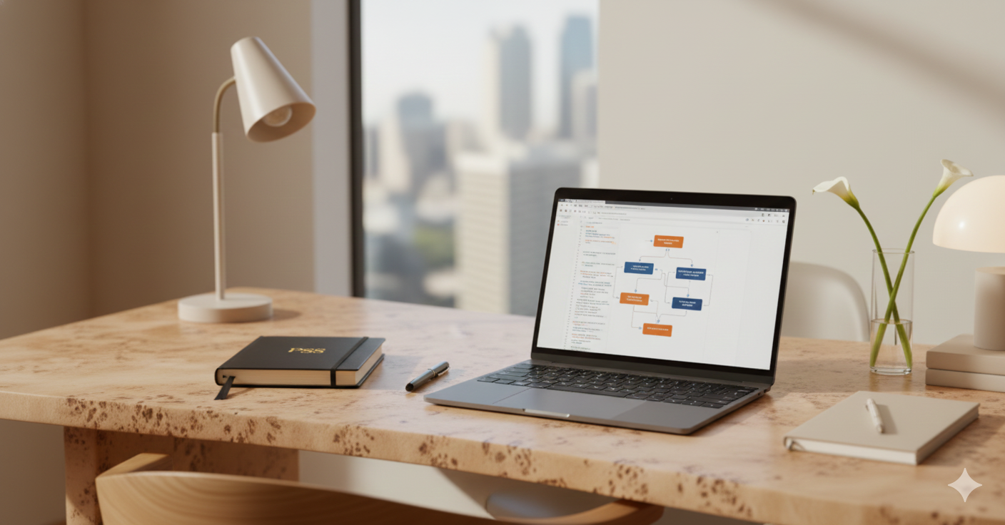 Desk with a laptop displaying a flowchart, a black notebook, a pen, a white notepad with a pen, a white desk lamp, a small vase with calla lilies, and a stack of books in front of a large window with cityscape view.