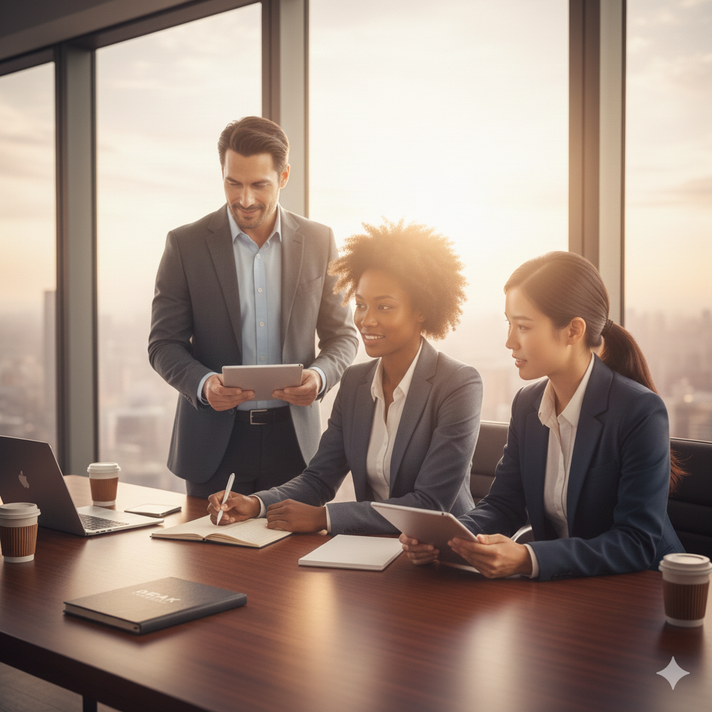 Three professionals in business attire in a modern conference room with large windows, two women seated at a table with tablets and notebooks, a man standing and showing something on a tablet, sunlight streaming in.