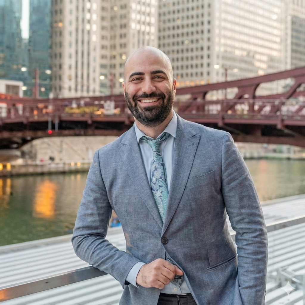 A smiling man in a gray suit and patterned tie standing on a bridge in front of a cityscape with tall buildings and water.