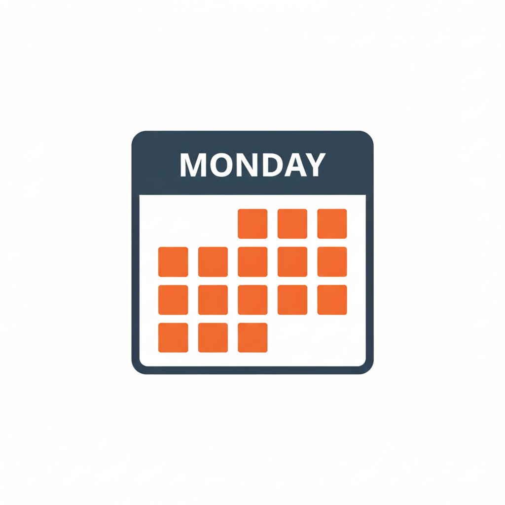 A calendar icon displaying Monday and a grid of red-orange squares representing dates.
