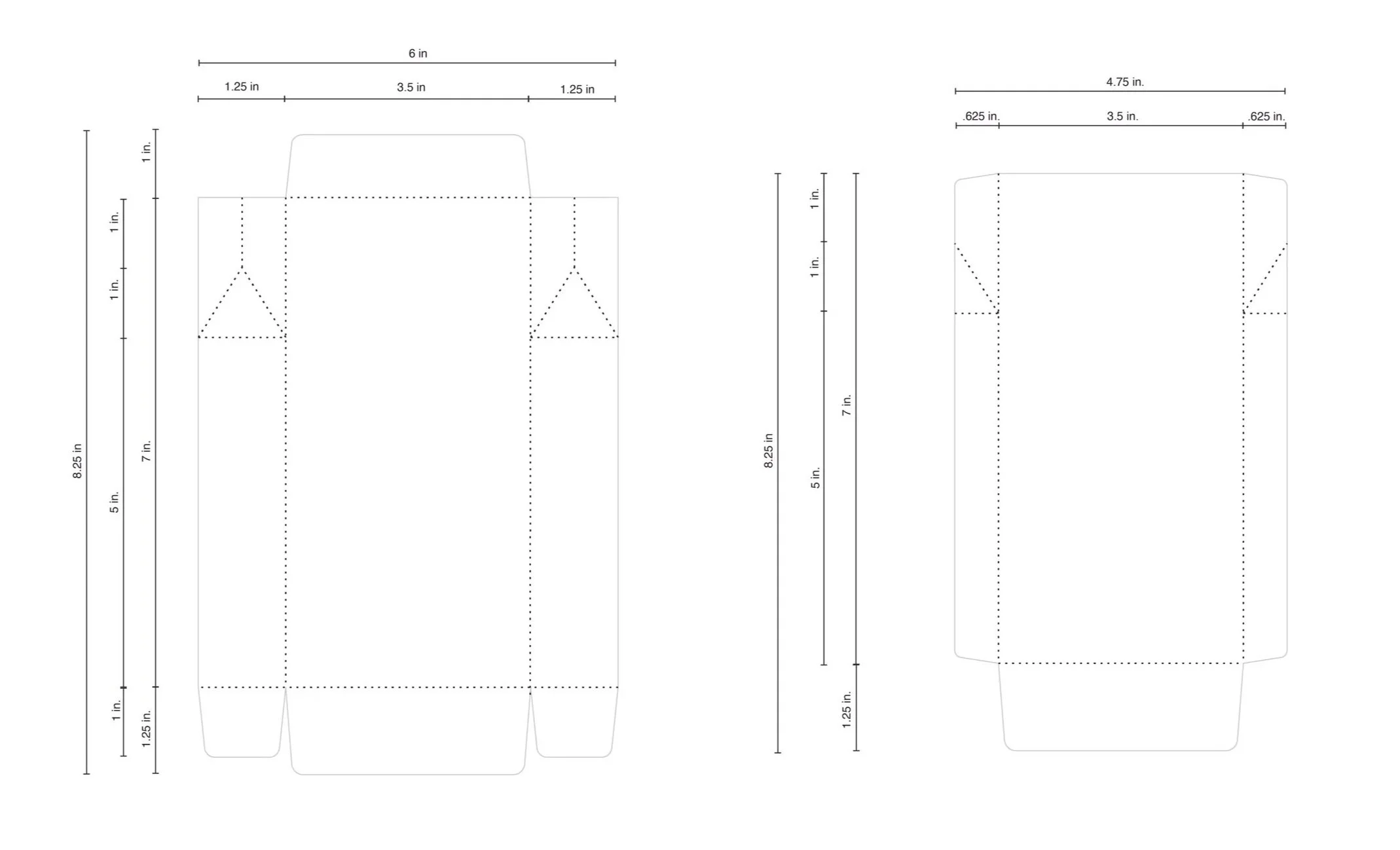 Technical drawing of packaging with dimensions in inches, showing two views of a rectangular box with cutouts and flaps, including measurements for length, width, and height.
