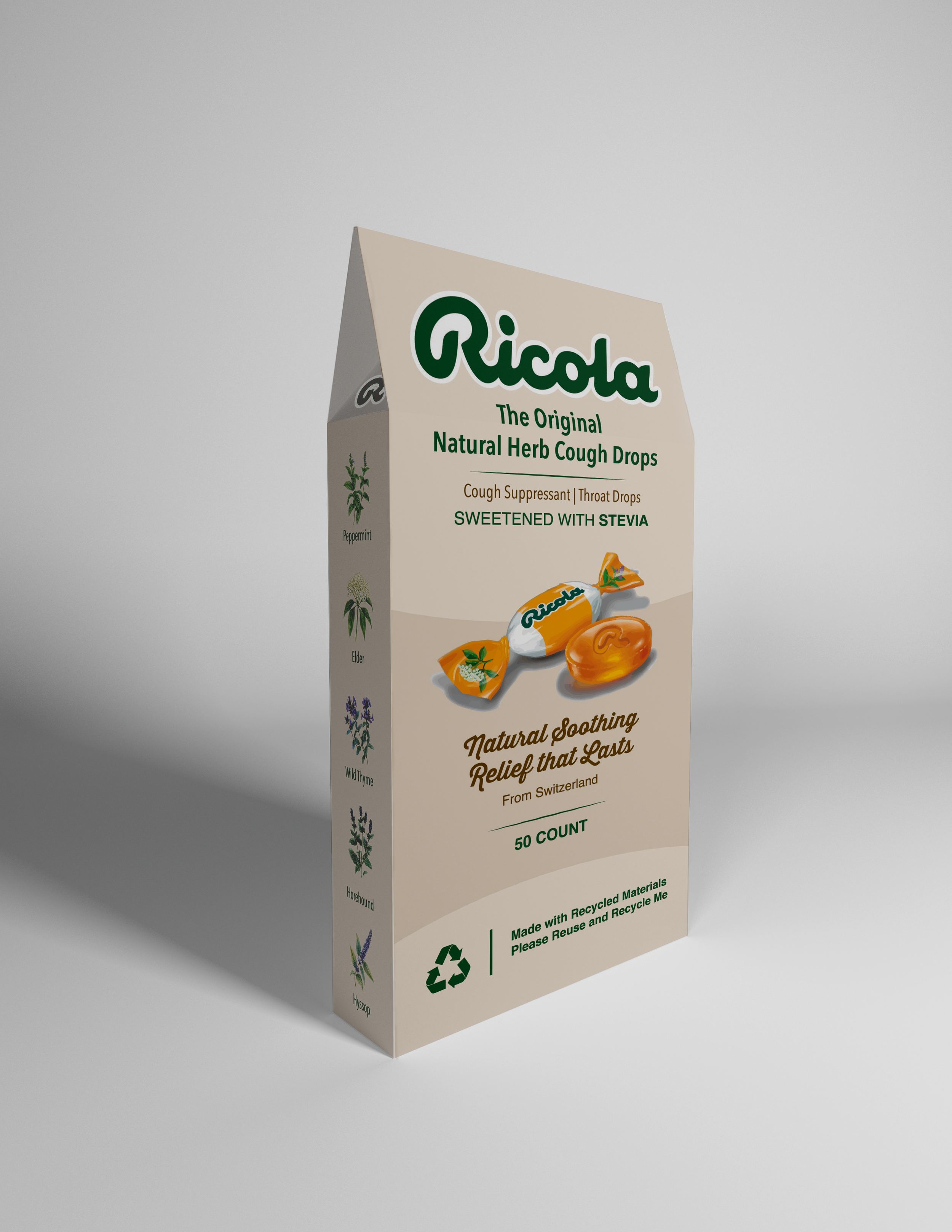   Ricola Product Redesign  , Adobe Illustrator, Cinema4D, Adobe Photoshop, 2025.

 A mock product redesign that incorporates the natural herb branding that Ricola is known for. Elevating the product to a more modern design, changing the color palette